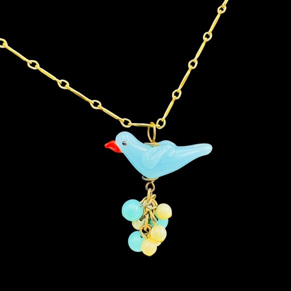 Vintage Lenora Dame Art Glass Blue Bird Sitting on Eggs Pendant Necklace Gold To - Picture 8 of 16